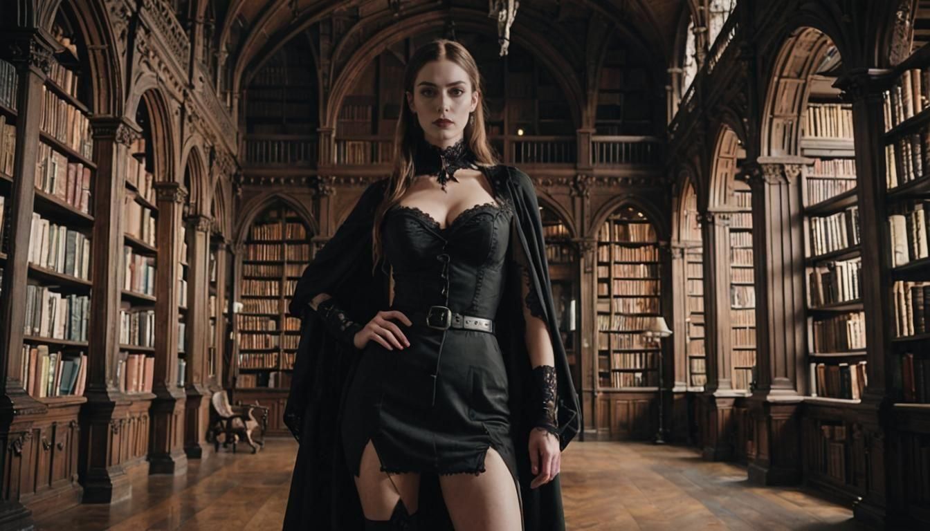 Woman in Thong Poses in Gothic Library