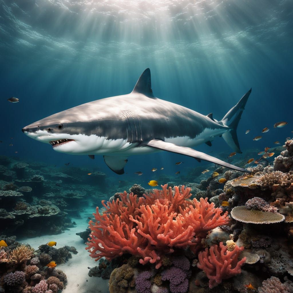 Majestic Great White Shark in Vibrant Barrier Reef Waters