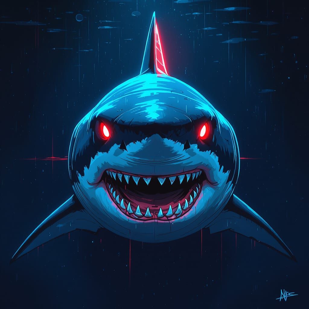 Ferocious Shark with Glowing Fin in Neon-Lit Style