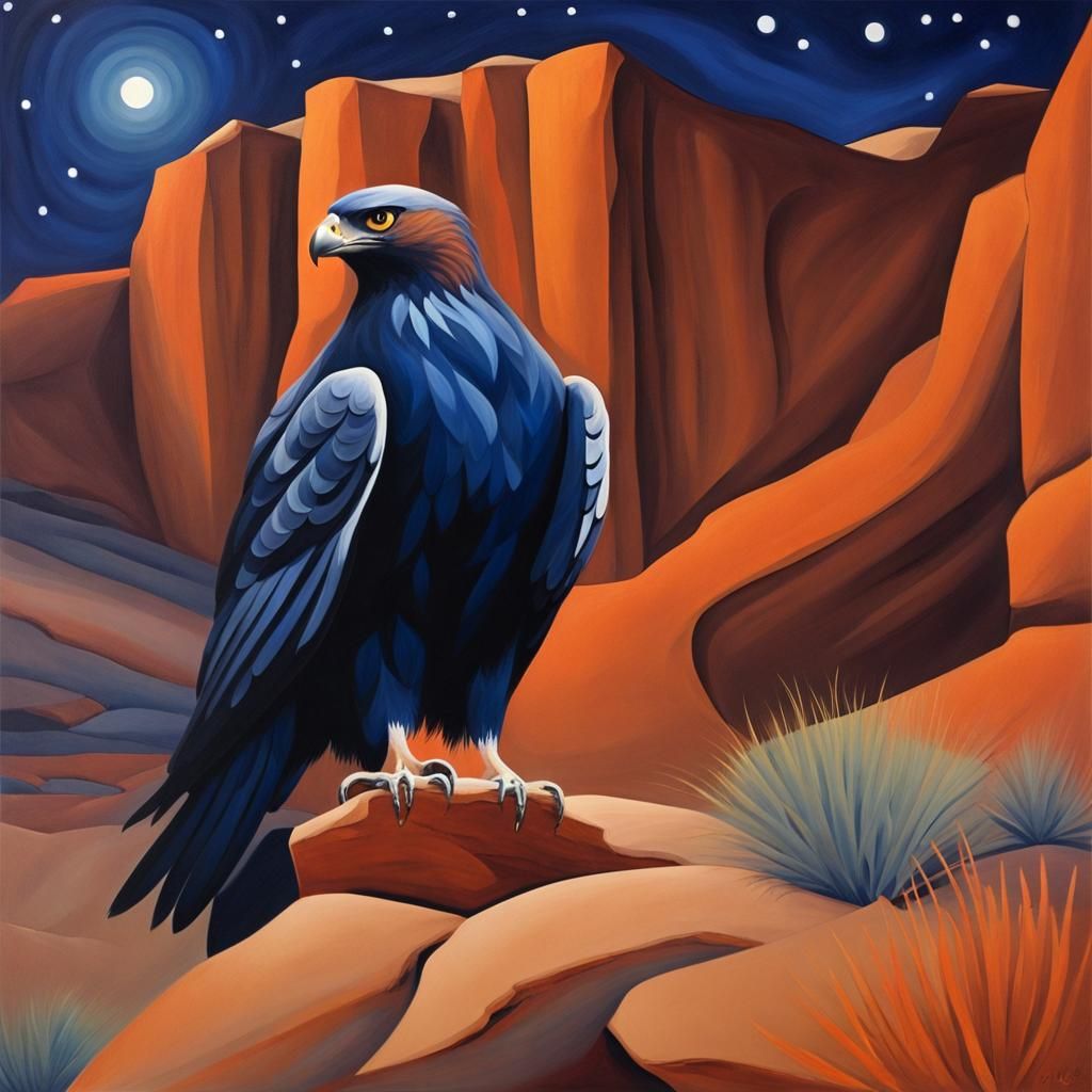Hawk in Desert Canyon: O'Keeffe-Inspired Starlit Scene