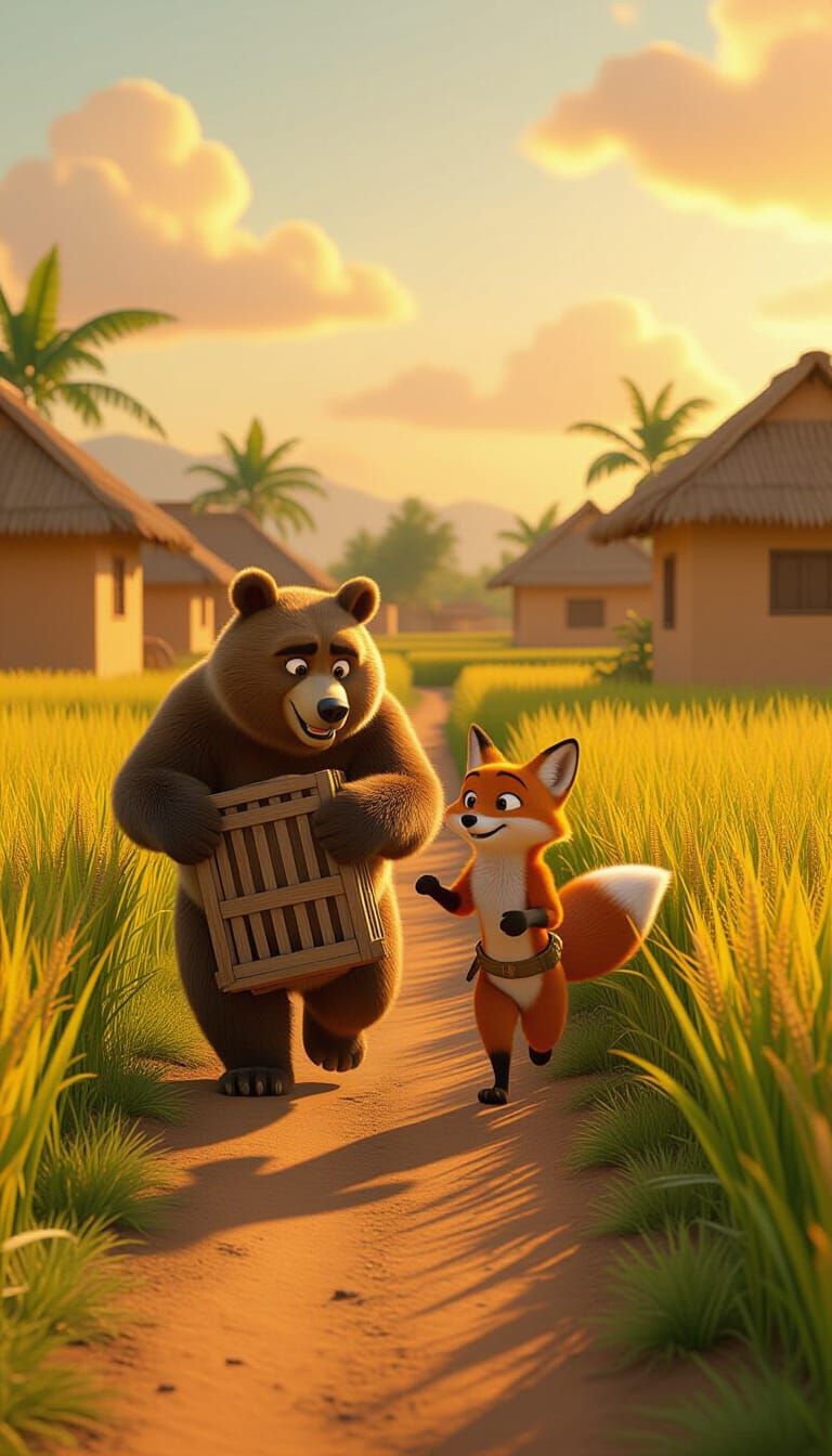 Bear and Fox Escape in Rural India: Pixar-Style 3D Cartoon