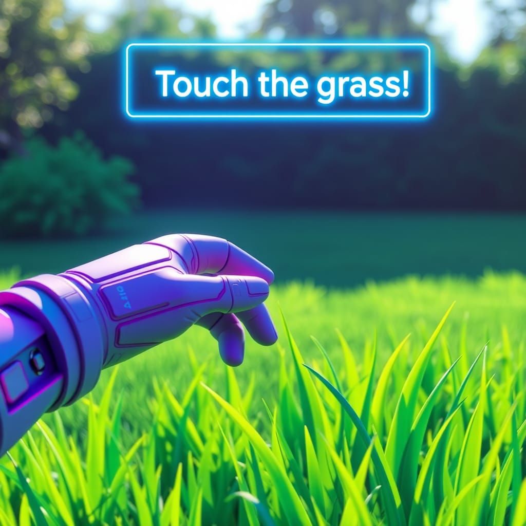 Virtual Reality Hand Touches Emerald Green Grass
