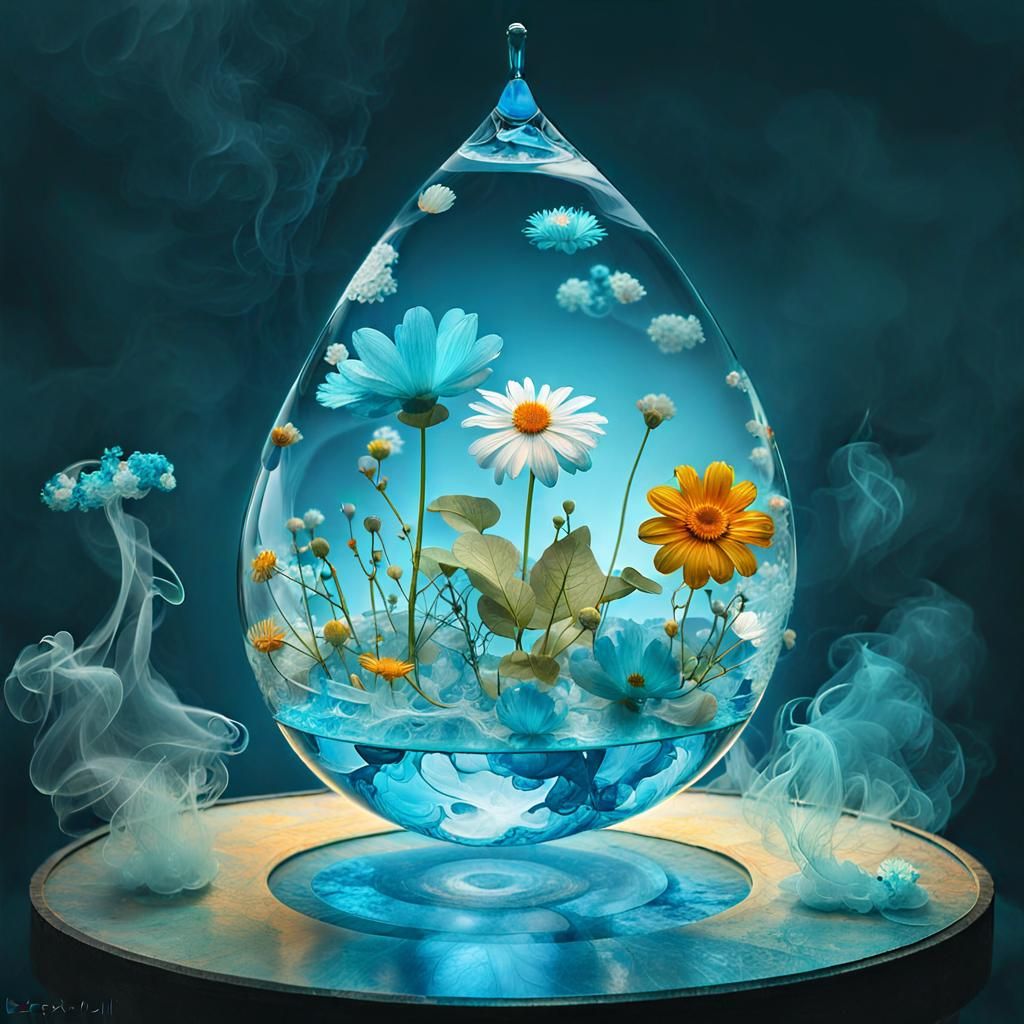 Whimsical Glass Teardrop with Bioluminescent Flower