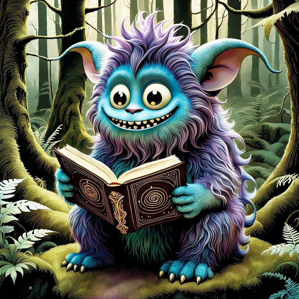 Adorable Monster Reading Grimoire in Whimsical Yupo Art