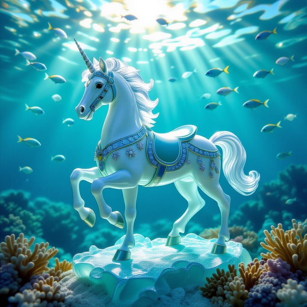 Sea Glass Carousel Horse in Sunlit Ocean Depths