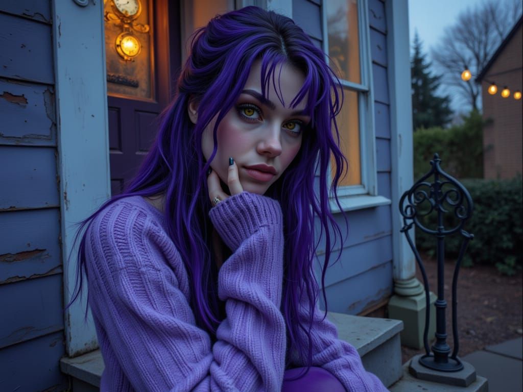 Woman in Lavender Sweater with Purple Hair on Stoop
