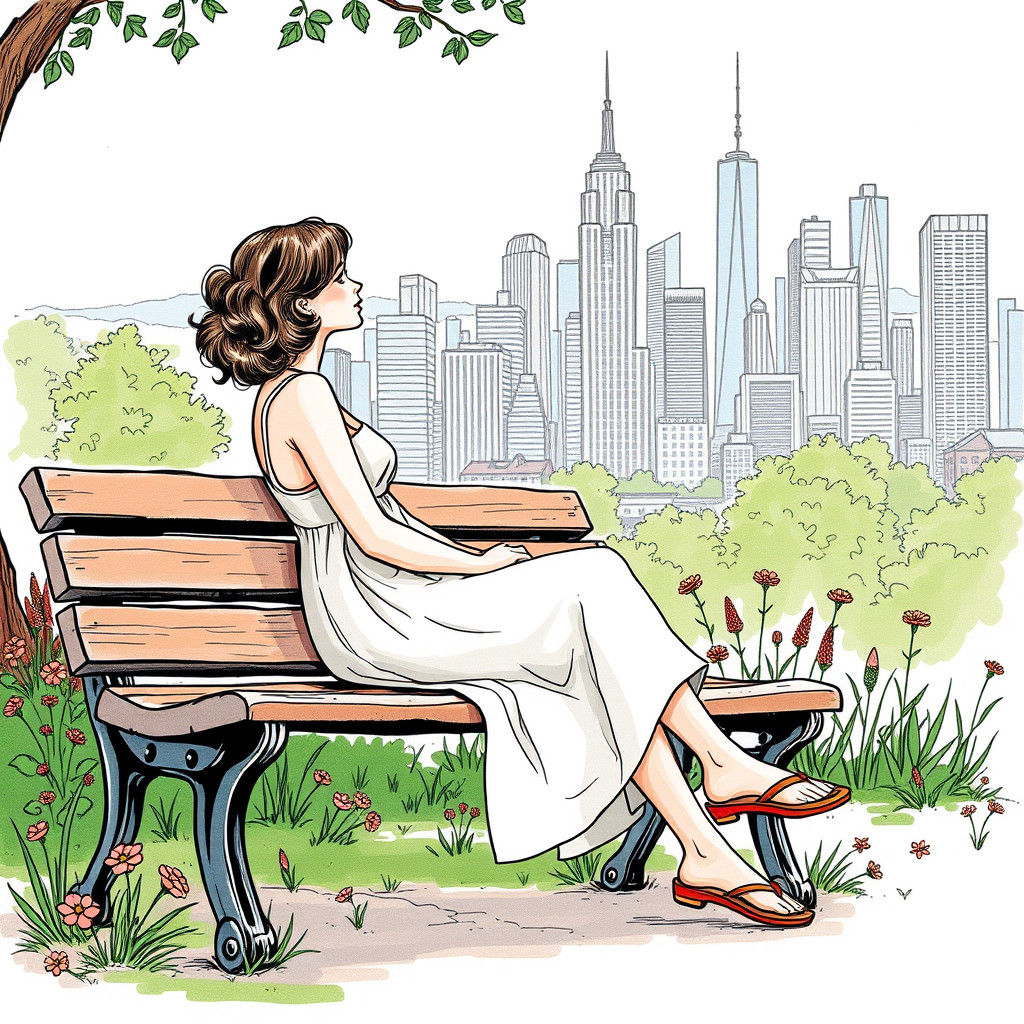 Woman on Bench in City Park, Minimalist Sketch