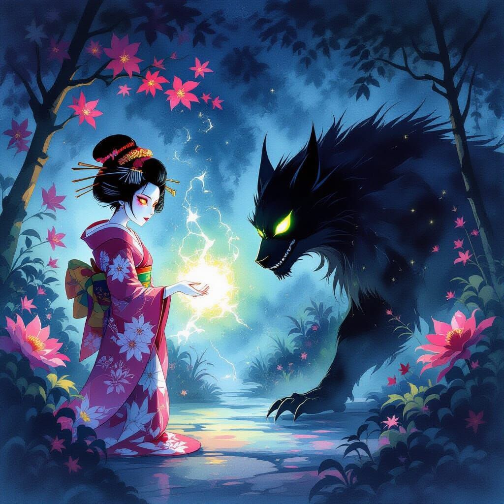 Geisha Confronts Shadow Beast in Magical Midnight Garden