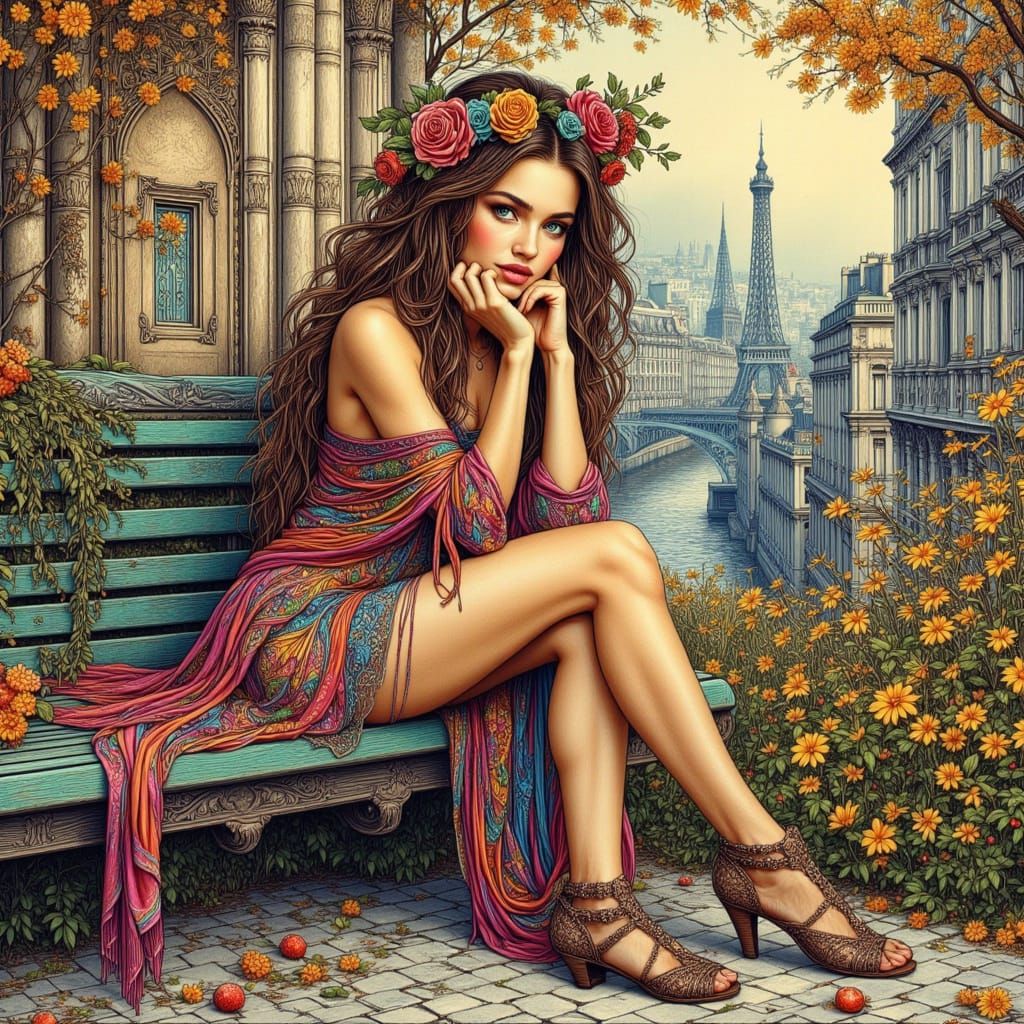 Art Nouveau Woman on Parisian Bench