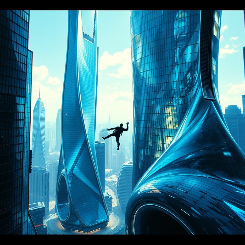 Futuristic Entity Slides Through Twisted Skyscrapers in a Dy...