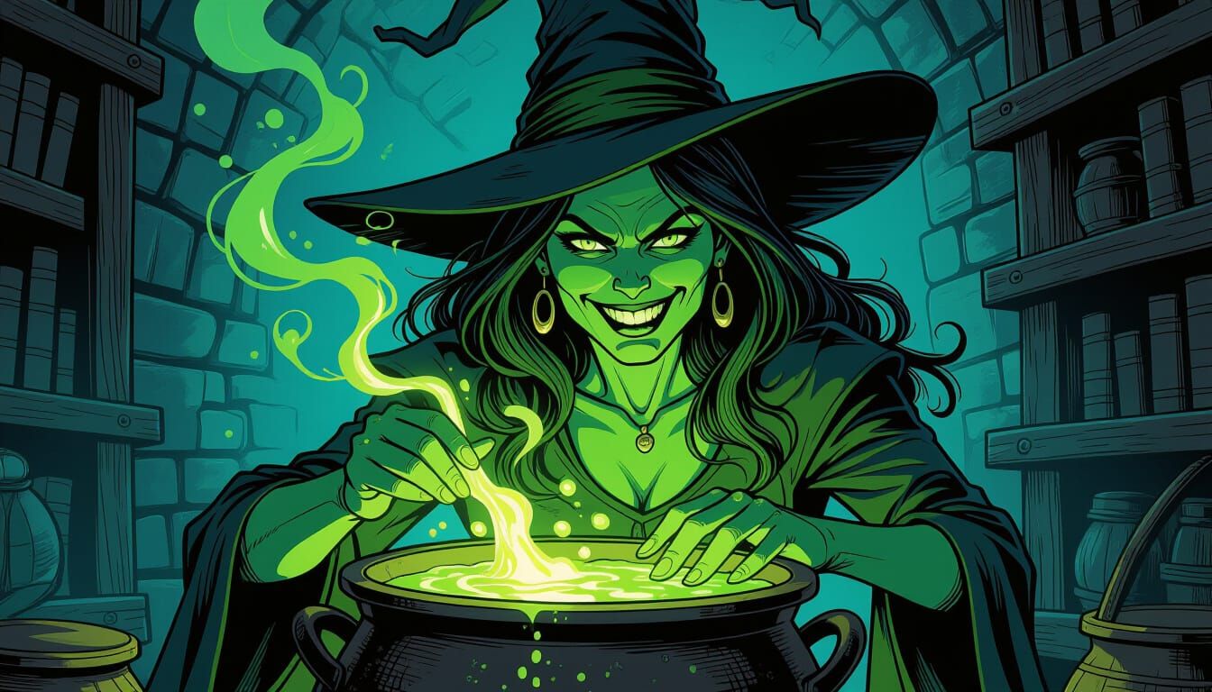Green Witch Brews Potion in Comic Art Style