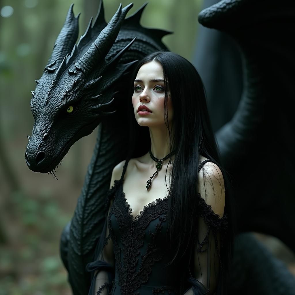 Gothic Woman Protected by Dragon, Art Nouveau Style