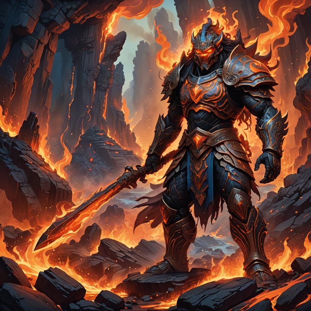 Polynesian Fire God Wielding Flames in Lava Realm