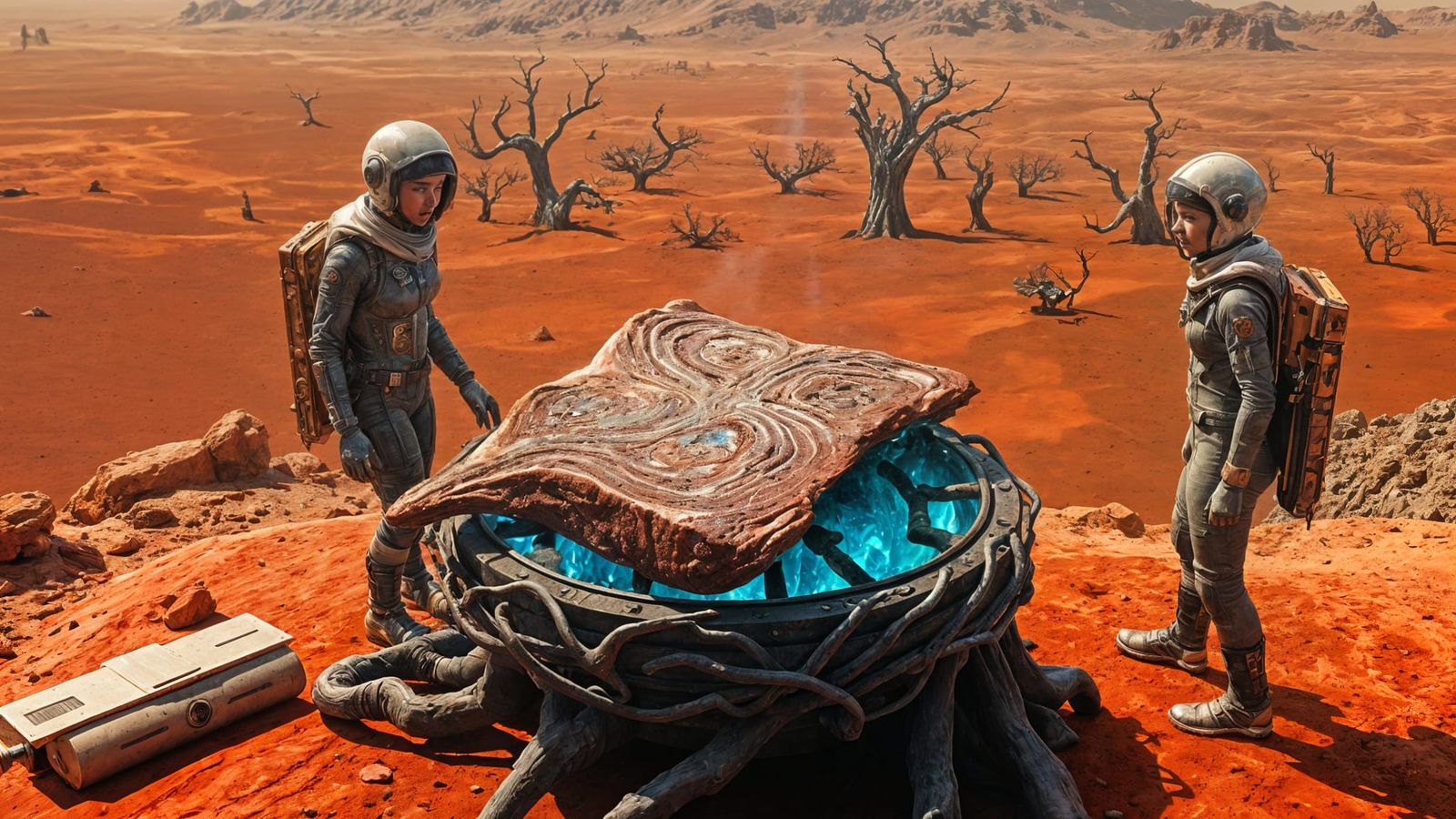 Astronauts Roasting Alien Meat on Mars in Sci-Fi Style