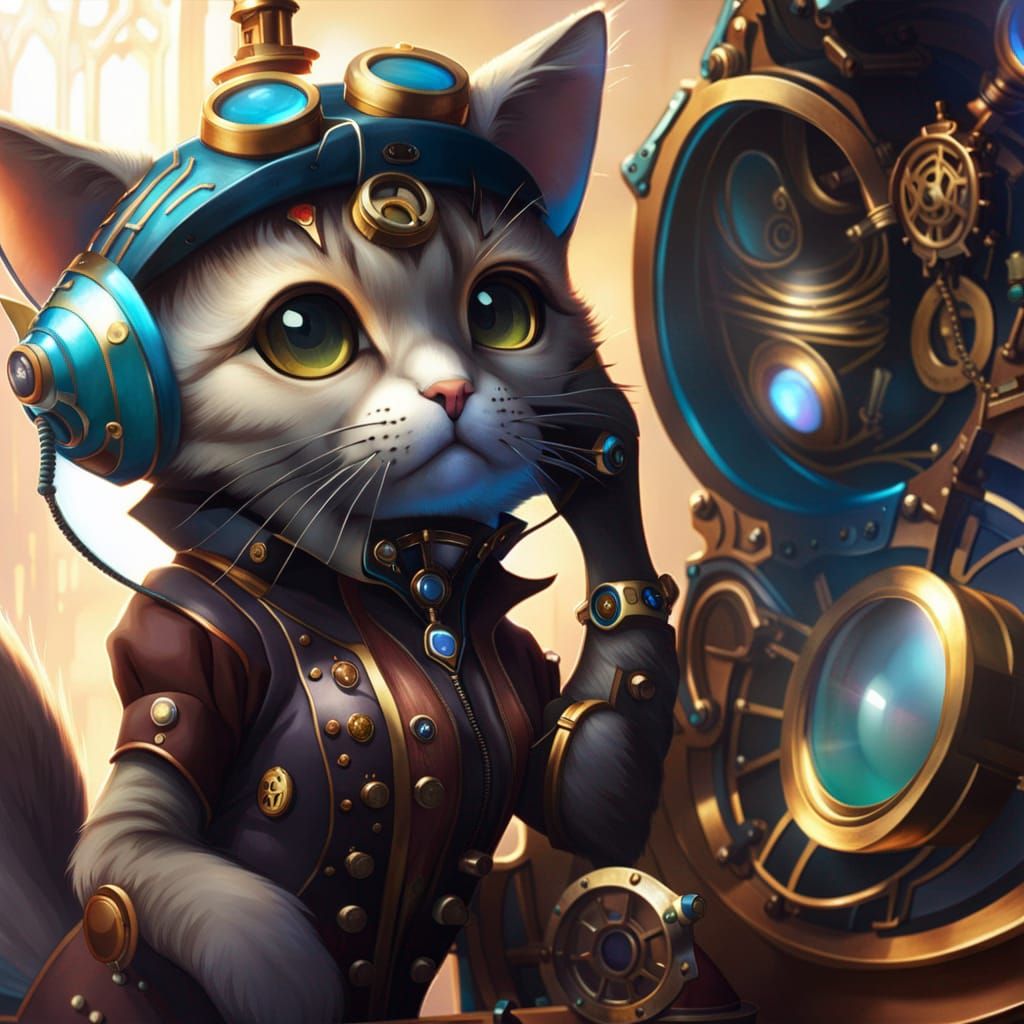 Steampunk Cat on the Phone: Hyperdetailed Art