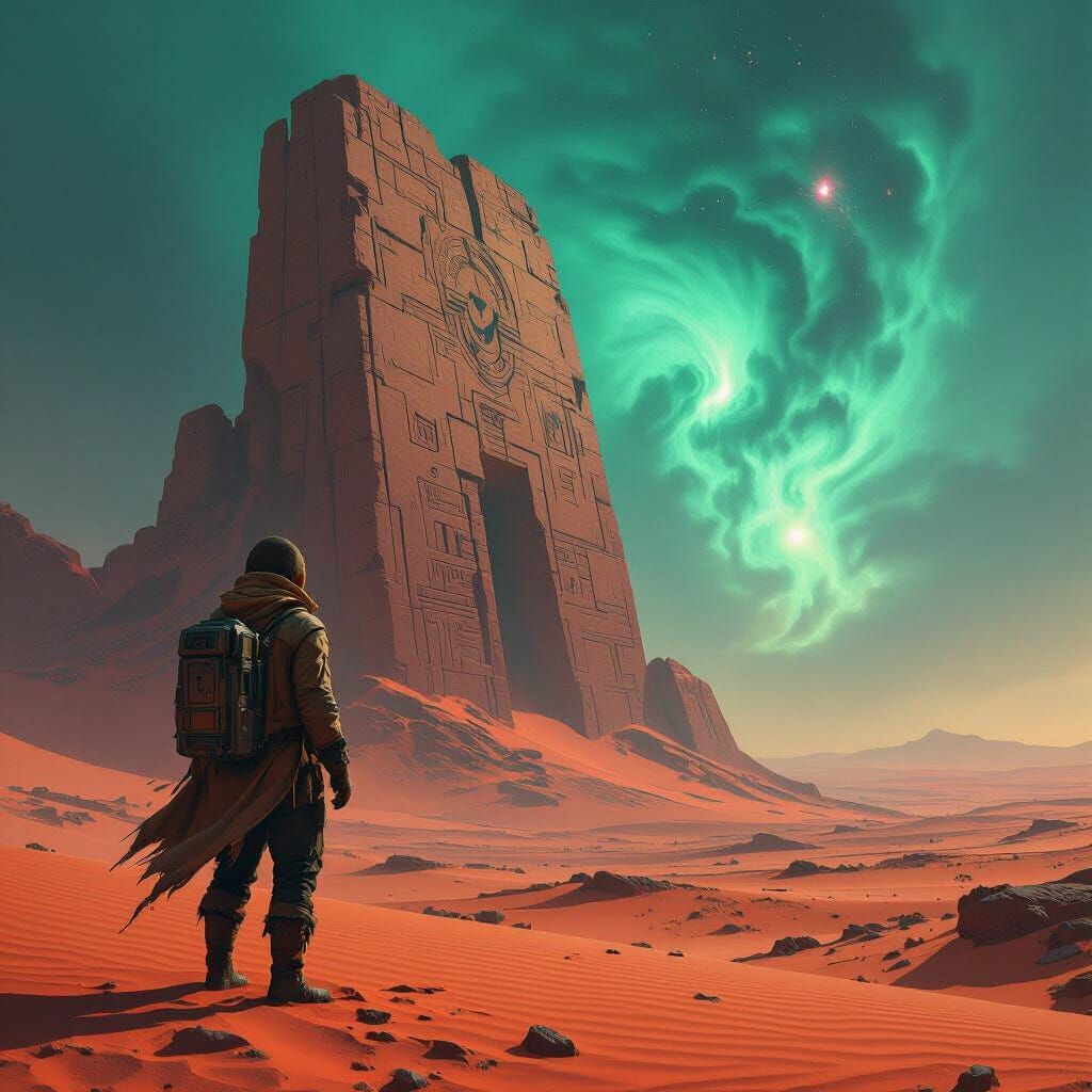 Explorer Gazing at Ancient Ruins on Alien Planet