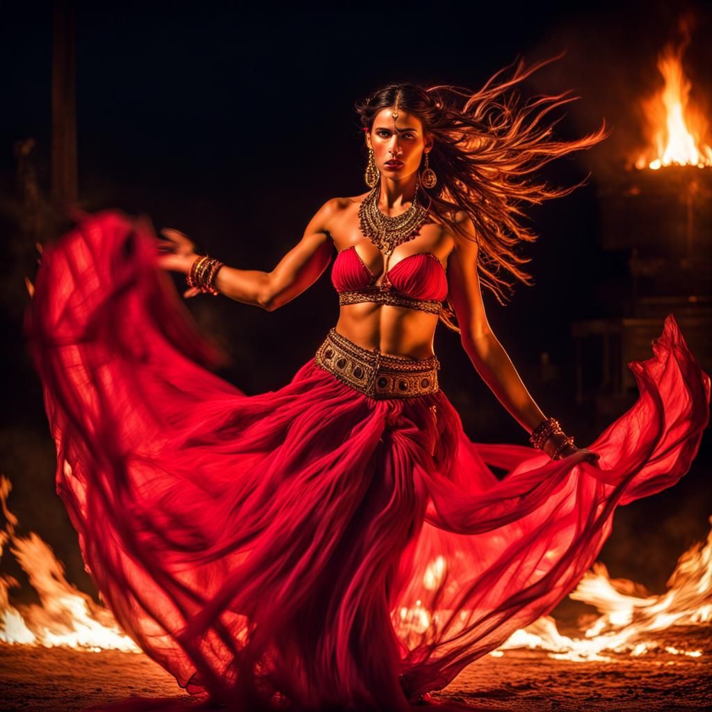 Exotic Gypsy Dancer in Firelight: Hyperrealistic Image