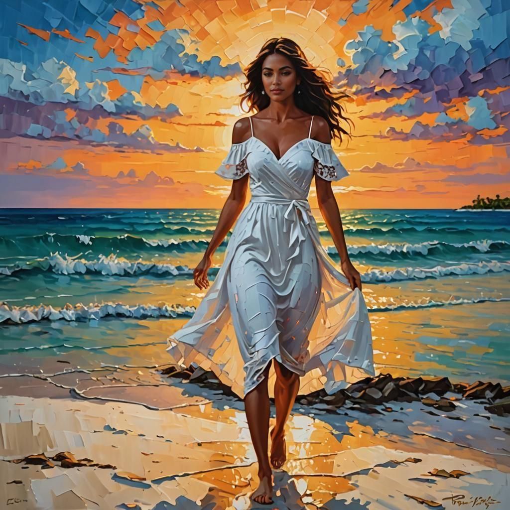 Impasto Painting: Woman in White Dress at Sunset