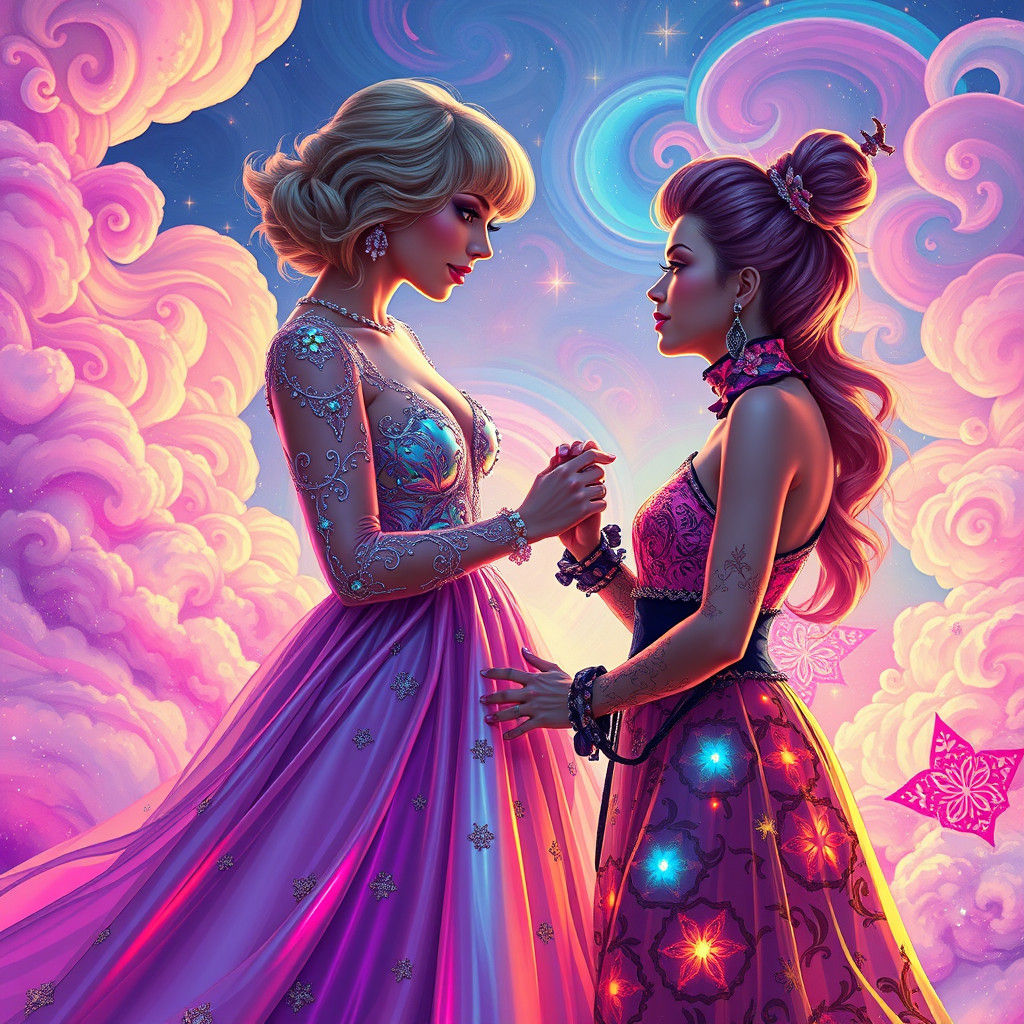 Taylor Swift and Ice Spice Flirting in Dreamlike Art