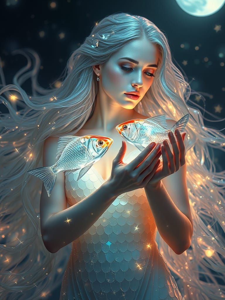 Hyperrealistic Celestial Woman in Glassy, Iridescent Hues