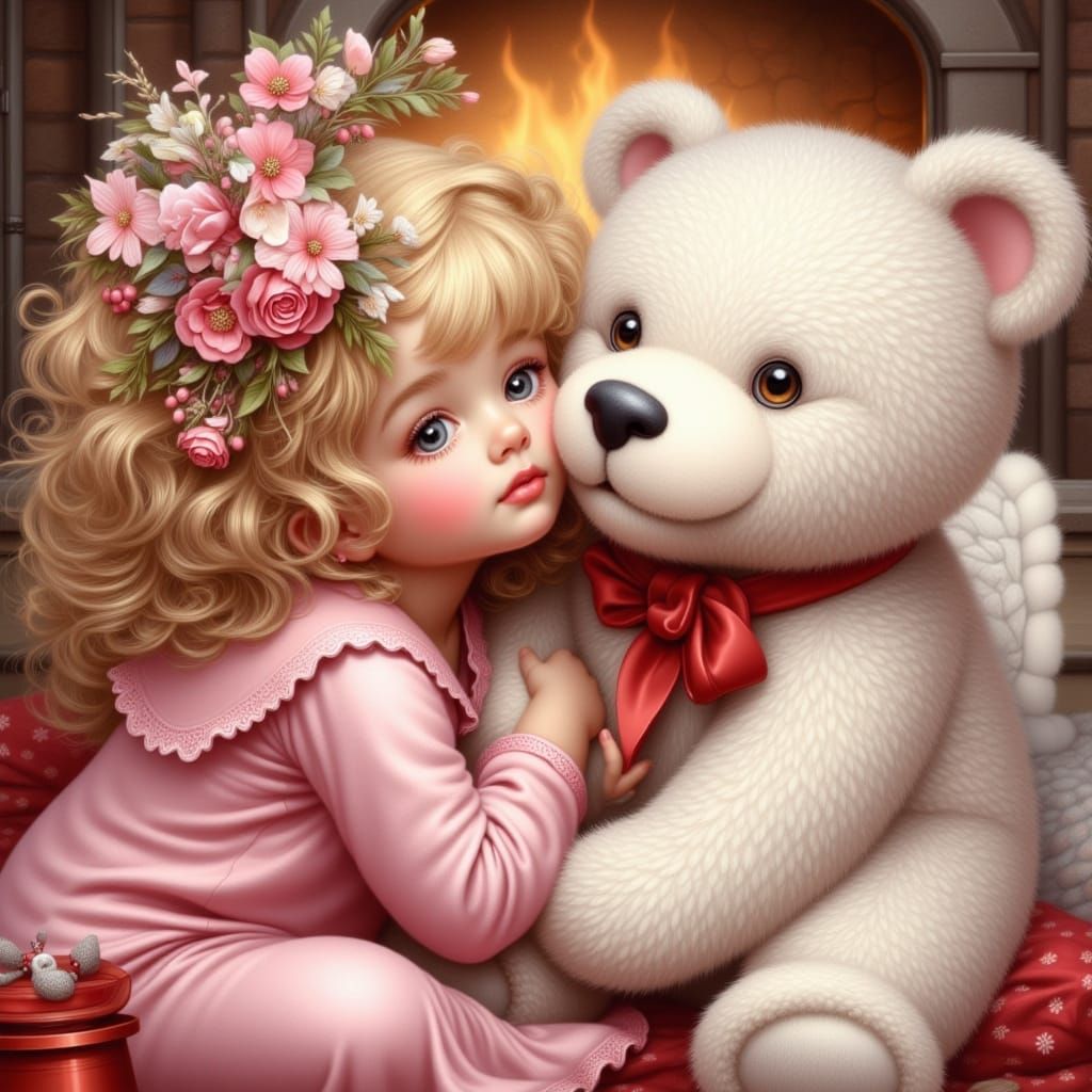 Whimsical Girl Whispering Secrets to Teddy Bear in Ethereal ...