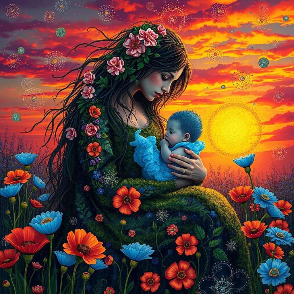 Mother in Vibrant Dreamlike Scene with Glowing Child and Pop...
