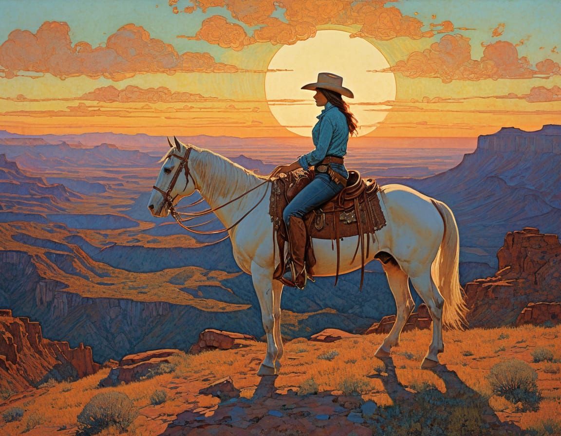Cowgirl Riding Range at Sunset, Painted in Impressionist Sty...