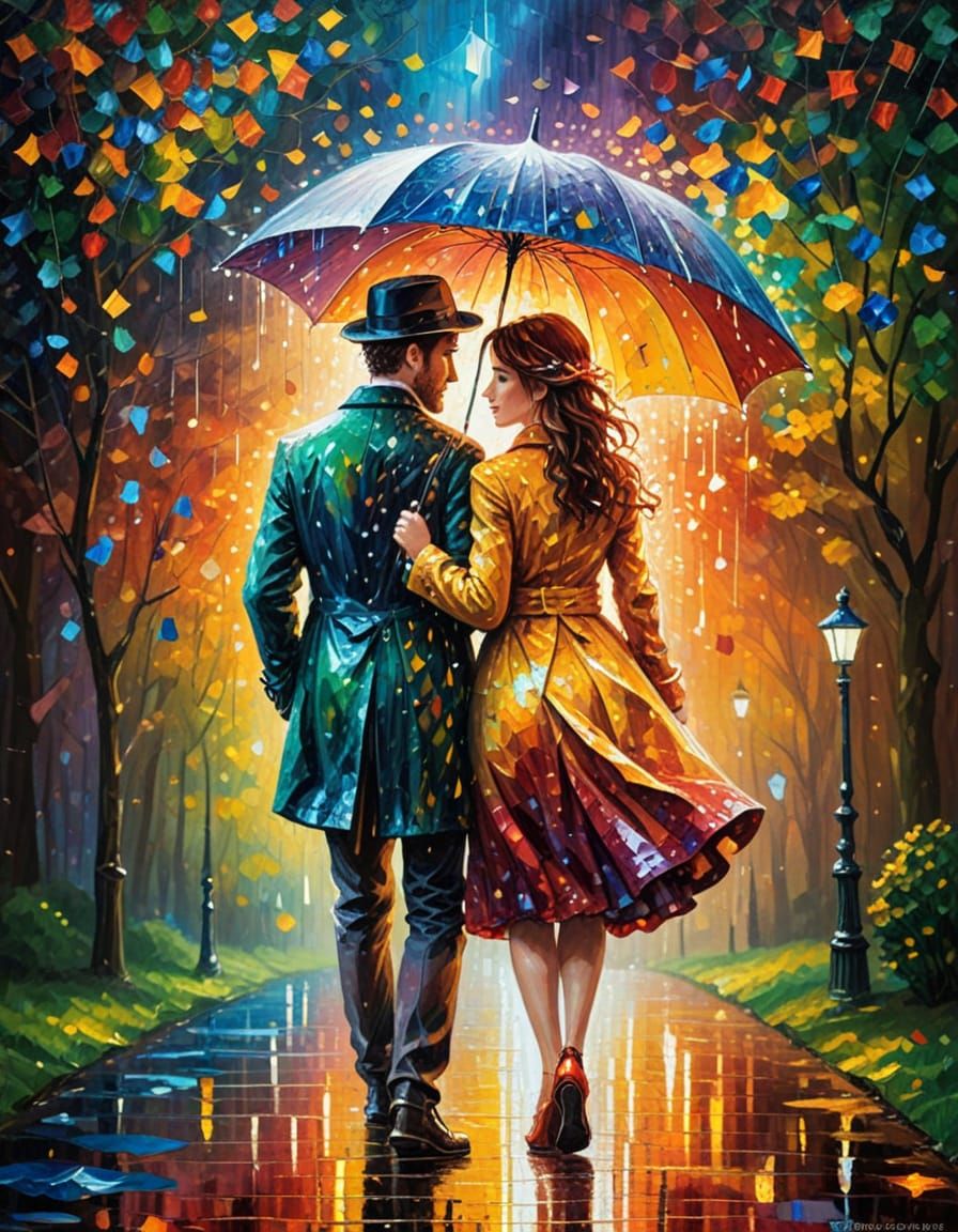 Vibrant Pointillist Rain Scene with Whimsical Glow