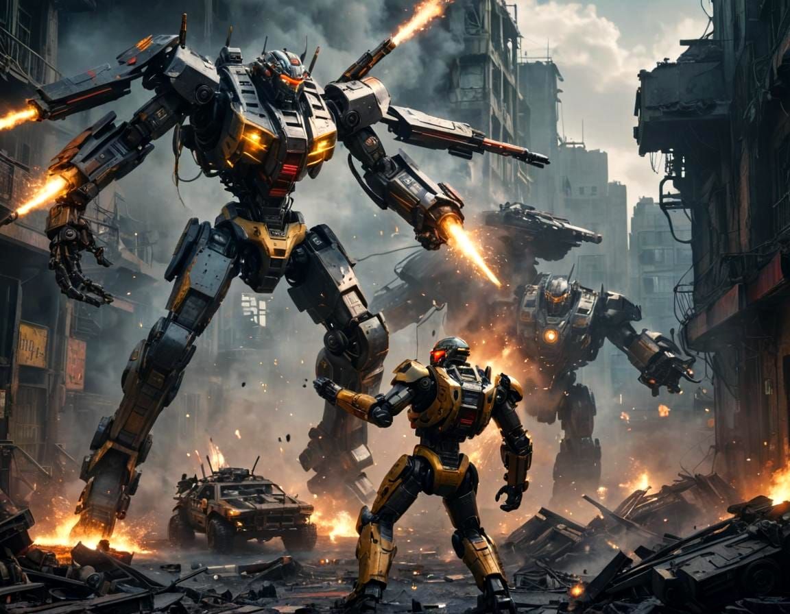 Steampunk Mecha Robots in Laser and Fire Battle