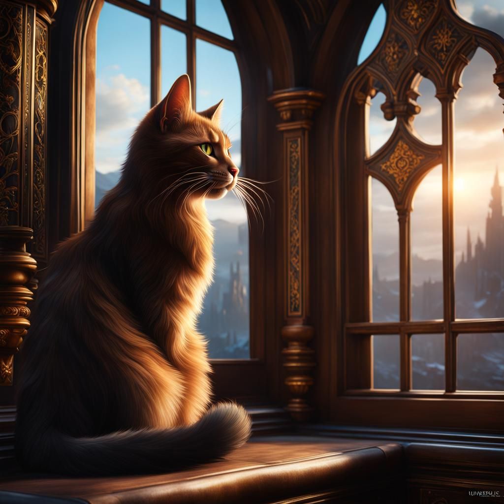 Beautiful Cat Gazing Out Window, Fantasy Art