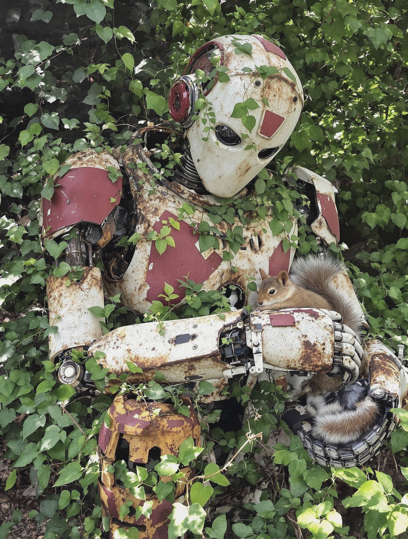 Forgotten Robot Finds Solace in Nature's Embrace