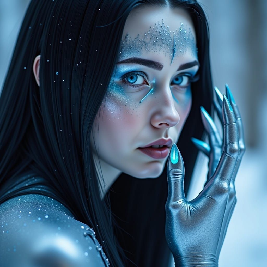 Metallic Transformation: Glowing Blue Eyes in Winter