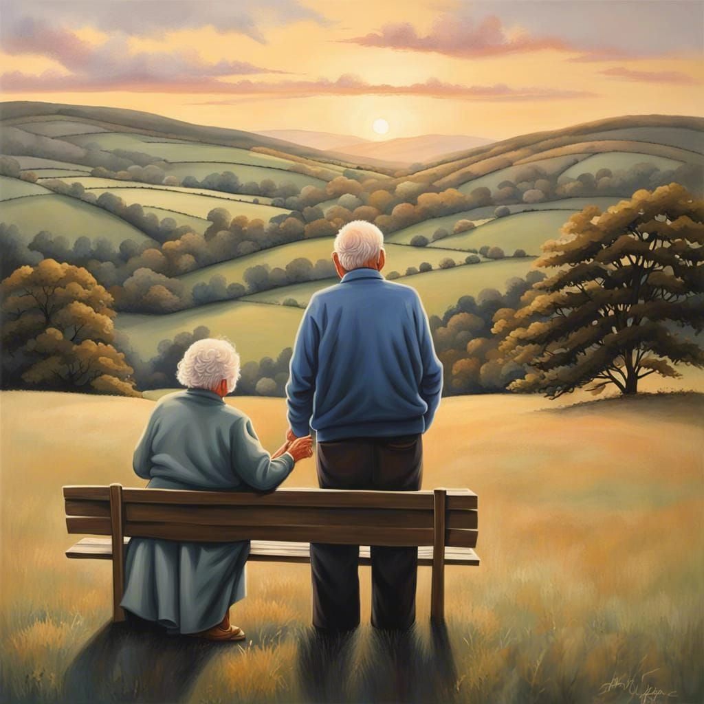 Elderly Couple at Sunset: Impressionistic Landscape Painting