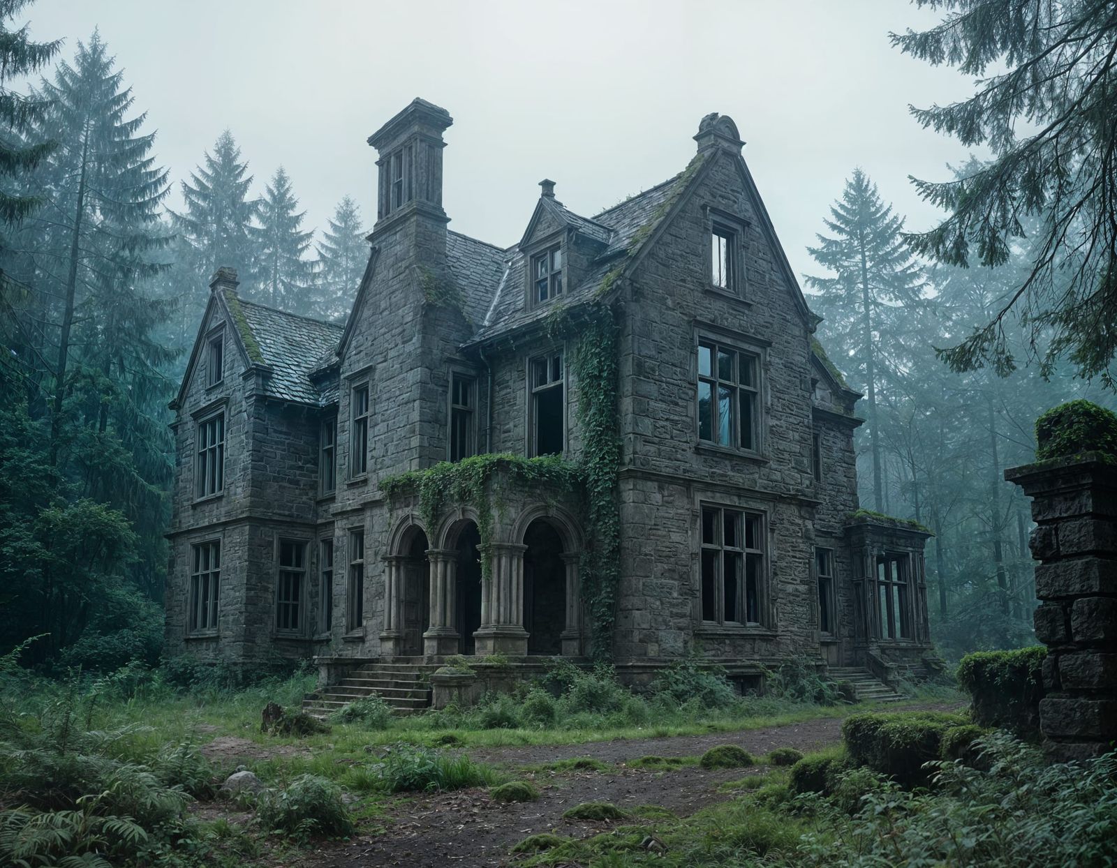 Ghostly Manor Ruins in Overgrown Forest