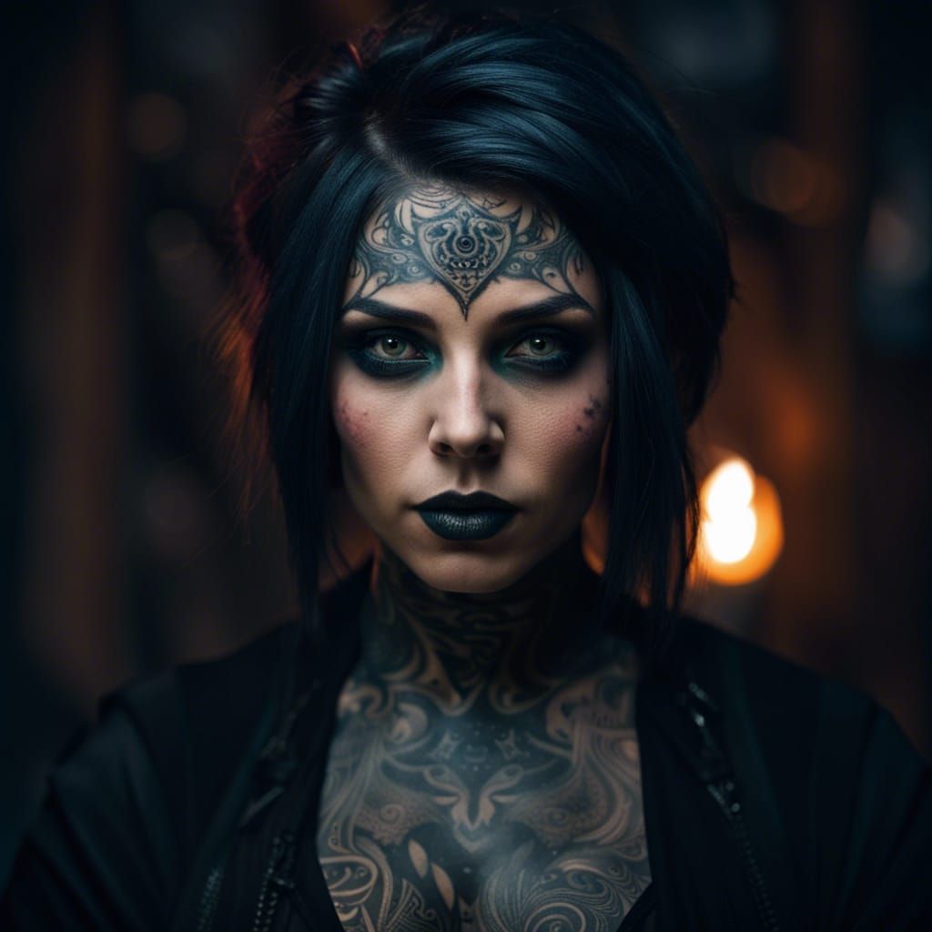Necromancer Portrait with Piercing Gaze and Dark Tattoos