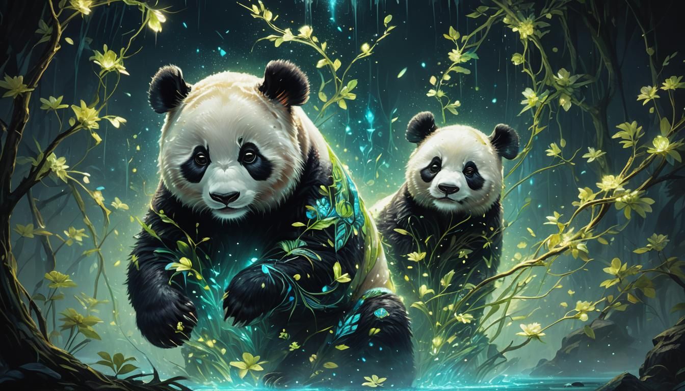 Bioluminescent Fantasy Panda in the Dark