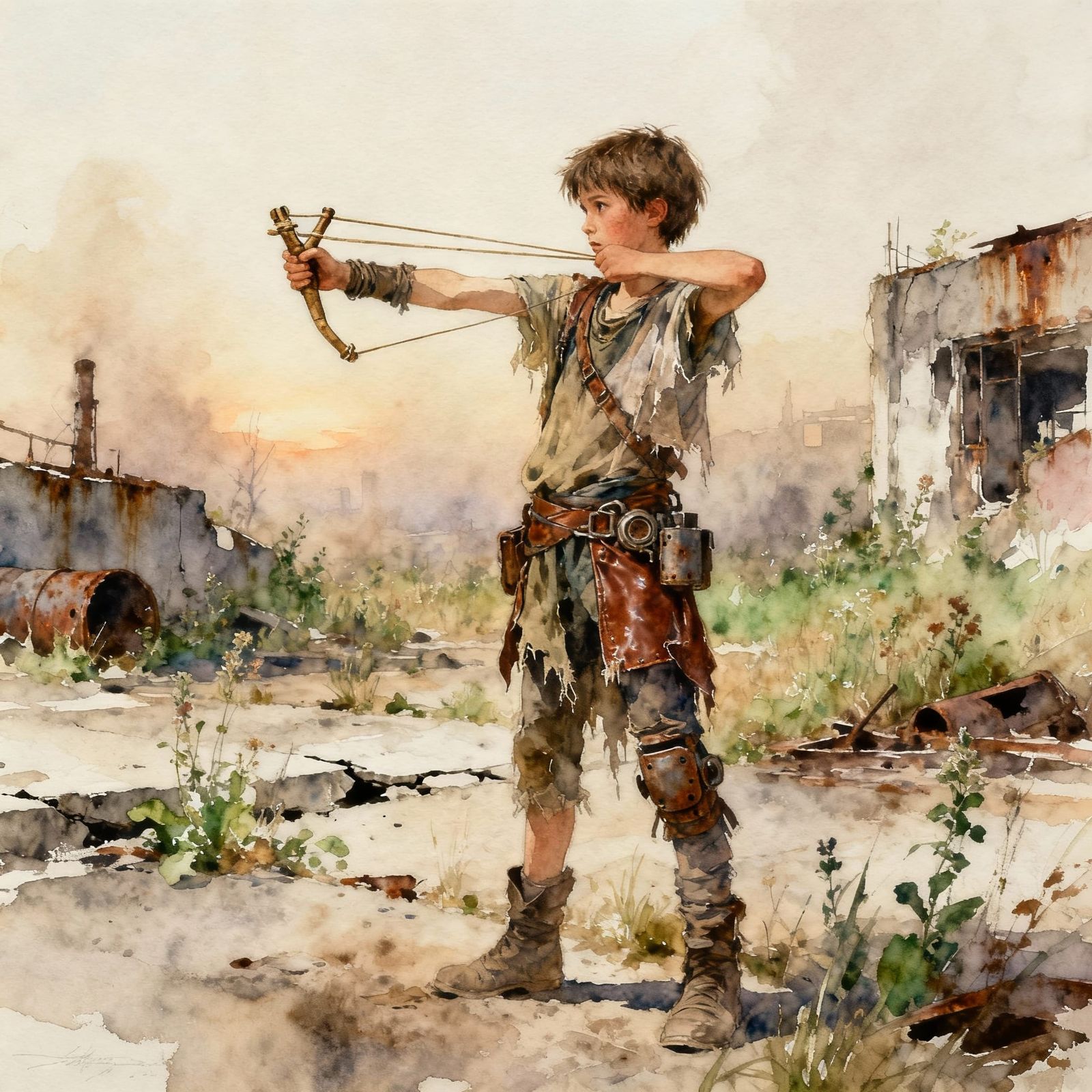 Scavenger Aims Slingshot in Post-Apocalyptic Wasteland Water...