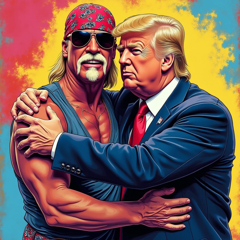 Hulk Hogan and Donald Trump Embrace in Pop Art Style