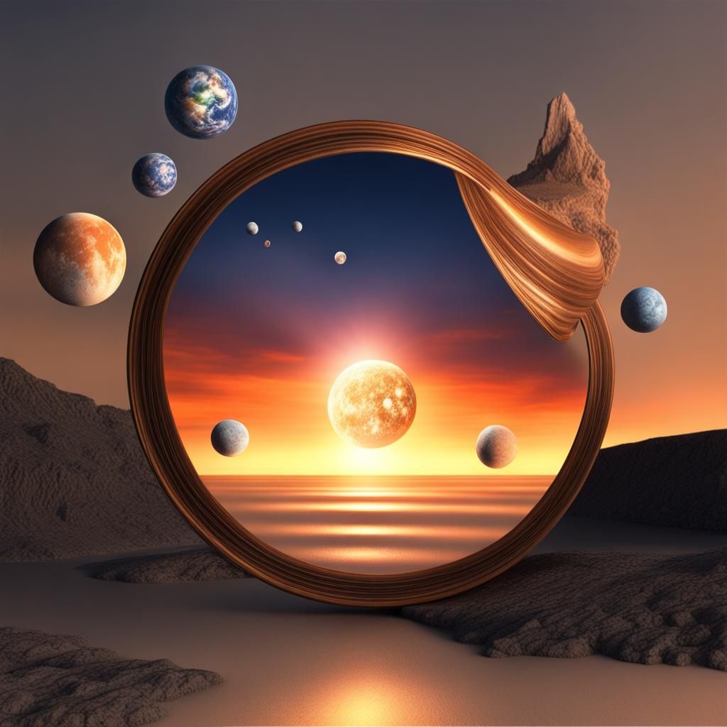 Hyperrealistic Sunset with Four Moons and Ringed Planet