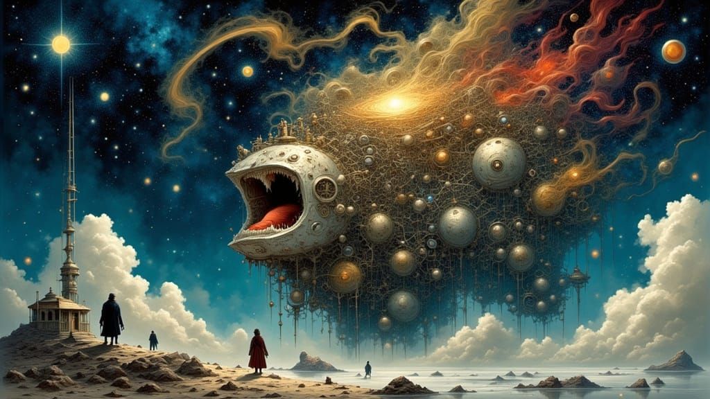 Ethereal Cosmic Machine Illustration in Painterly Style