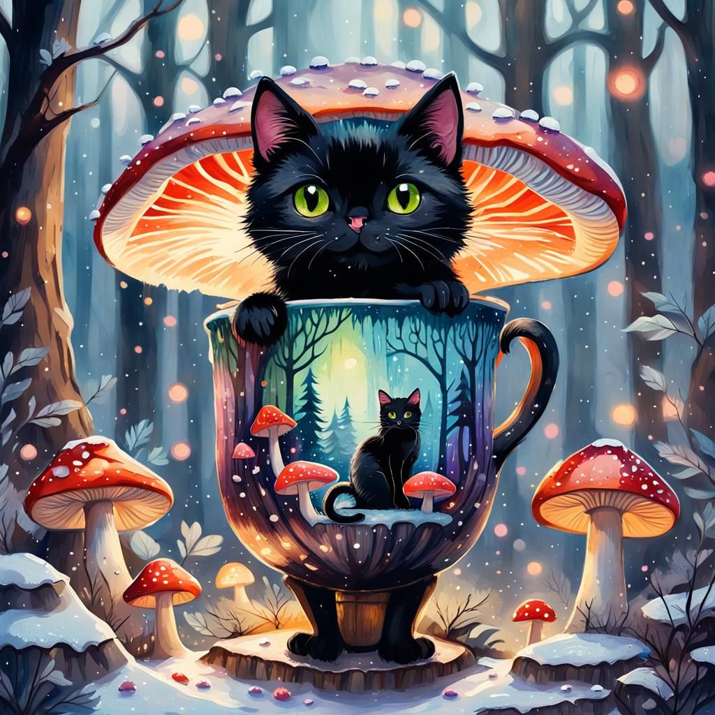 Black Cat in Magical Winter Forest, Watercolor Gouache