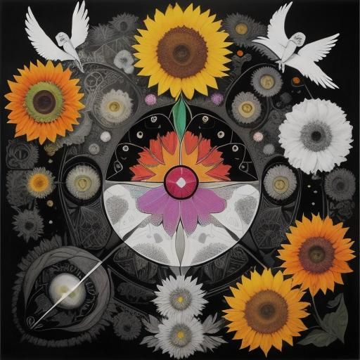 Surrealist Photogram of Sunflowers and Birds