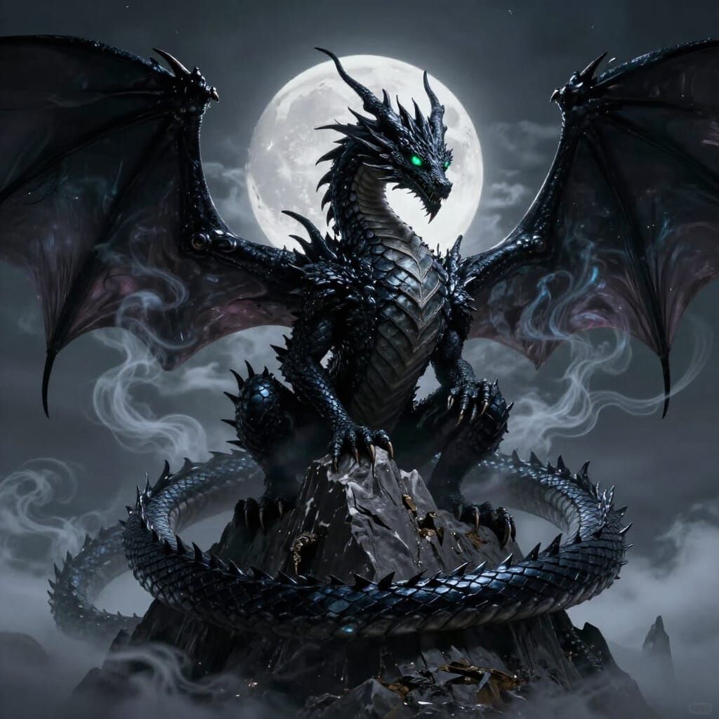 Fearsome Obsidian Dragon on Mountain Peak