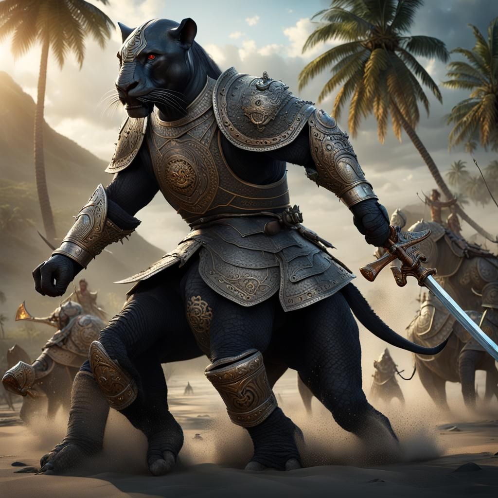 Panther Warrior on Elephant, Dark Fantasy Art