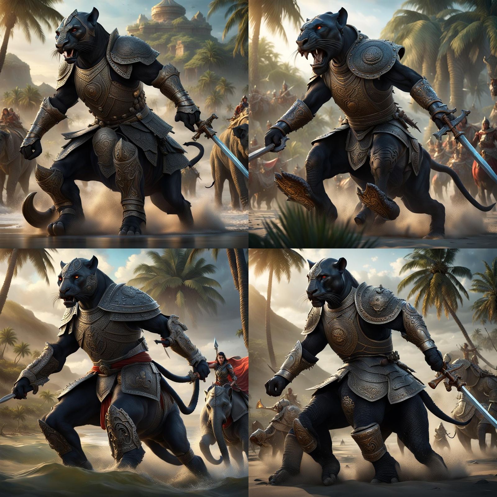 Panther Humanoid Hybrid Rides Elephant on Beach