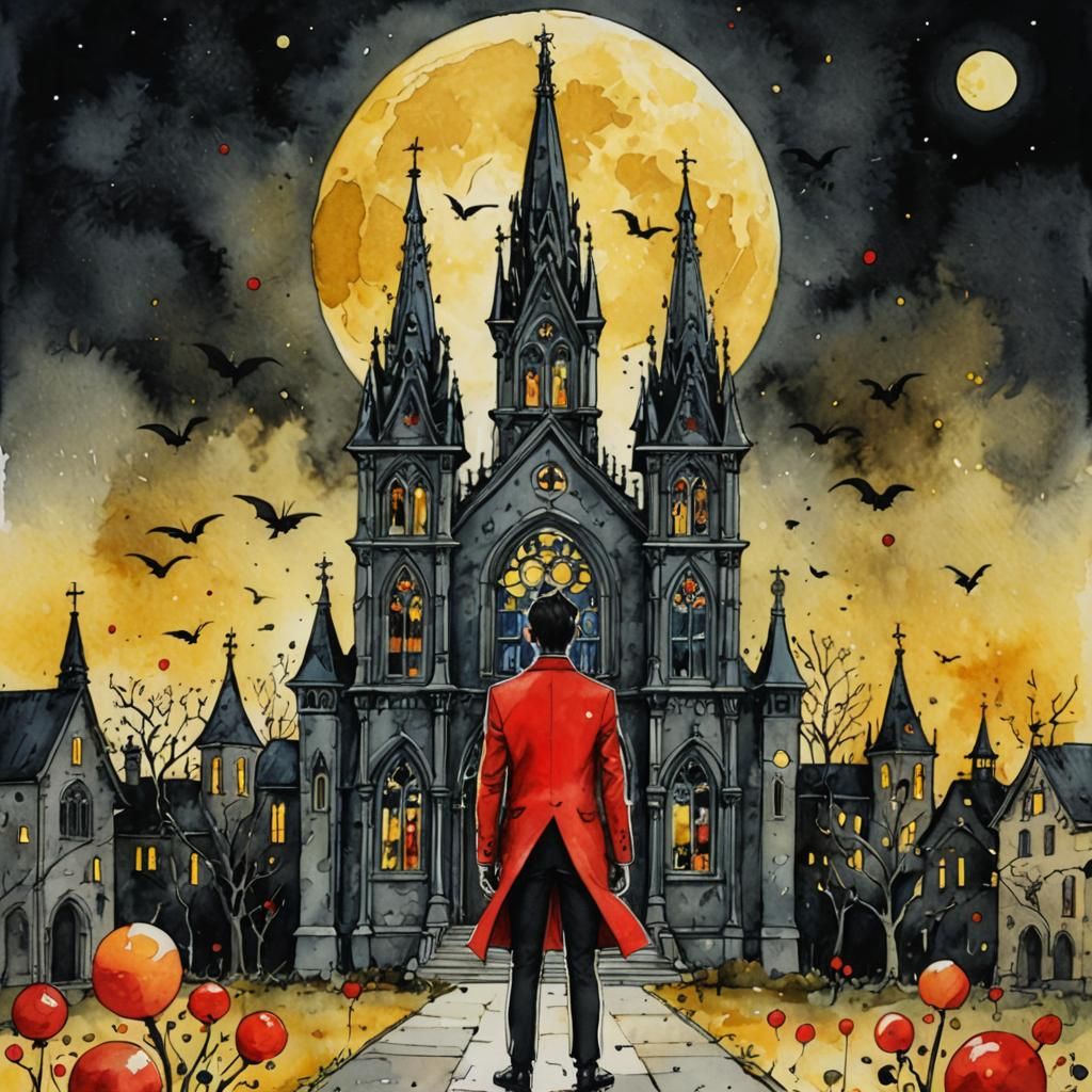 Devil in Red Suit, Watercolor and Ink Illustration