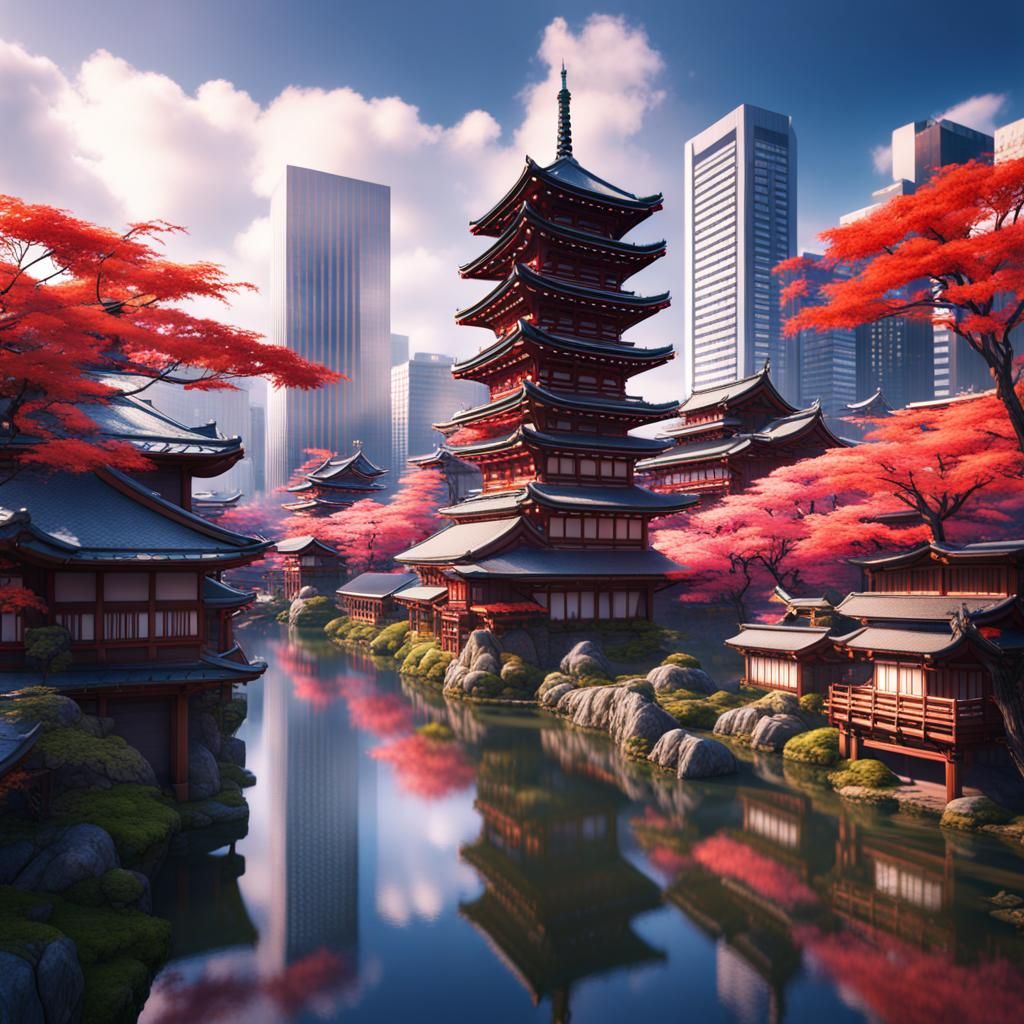 Vibrant Japanese City Matte Painting