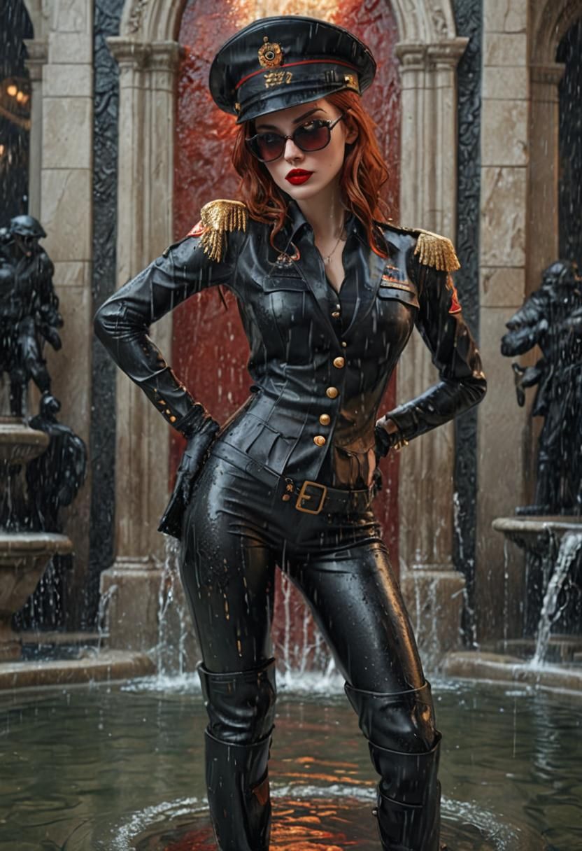 Glamorous Woman in Wet Military Uniform