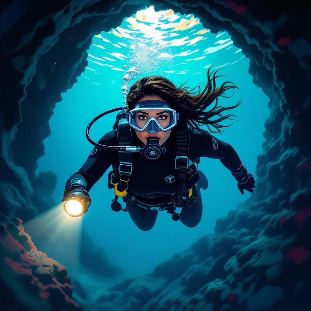 Scuba Diver Explores Sea Cave in Digital Painting Style