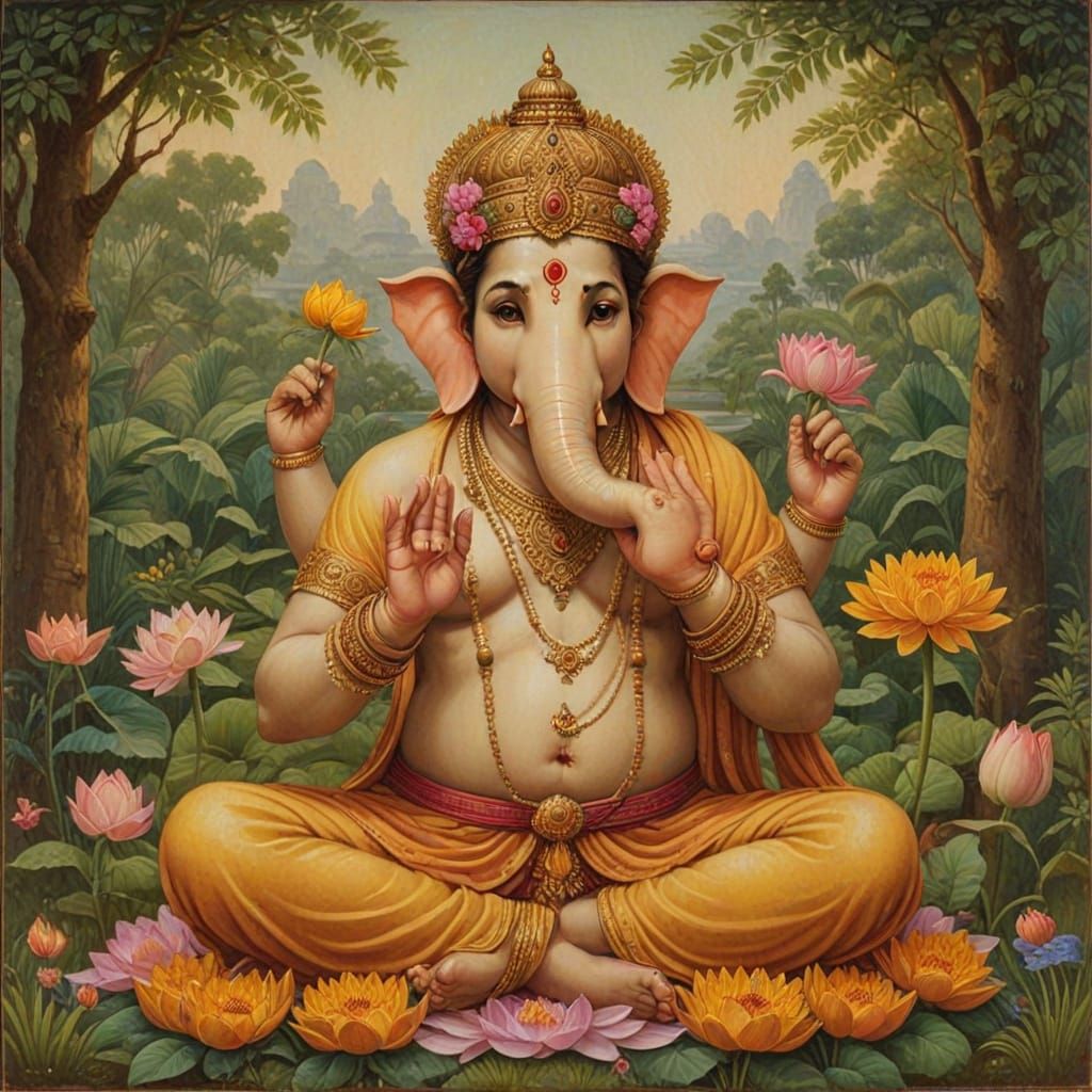 Lord Ganesha in Vibrant Lotus Garden